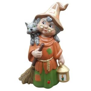 Vintage Halloween Ceramic Friendly Witch w/Cat Lantern Hand Painted 10.5" 1985